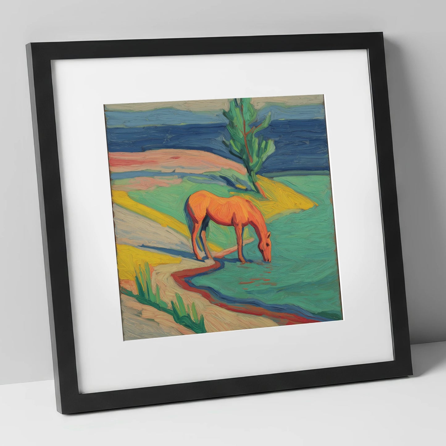 The Vivid Oasis horse landscape art print in black frame