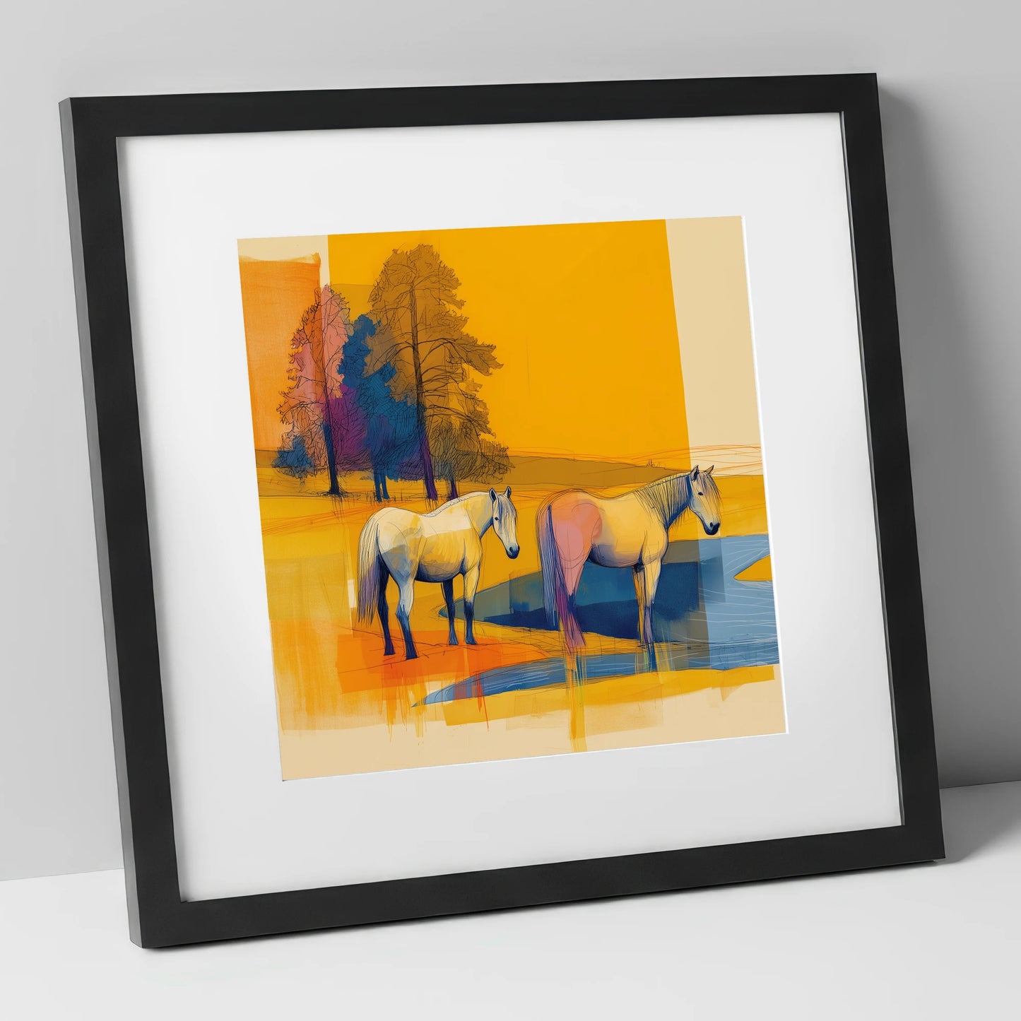 Abstract Golden Pasture horse landscape art print in black frame