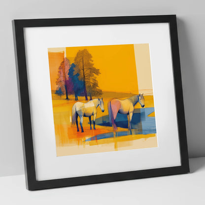Abstract Golden Pasture horse landscape art print in black frame