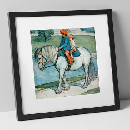 The Shared Ride horse & rider art print in black frame