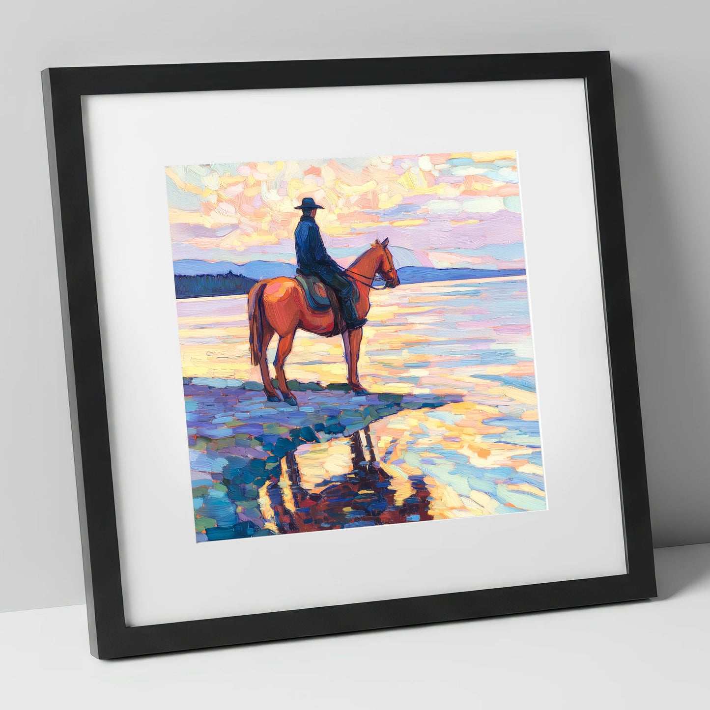 Solitary Sunset Ride beach horse art print in black frame