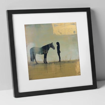 Silent Communion horse & rider art print in black frame