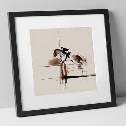Clearing the Vertical show jumping horse art print in black frame