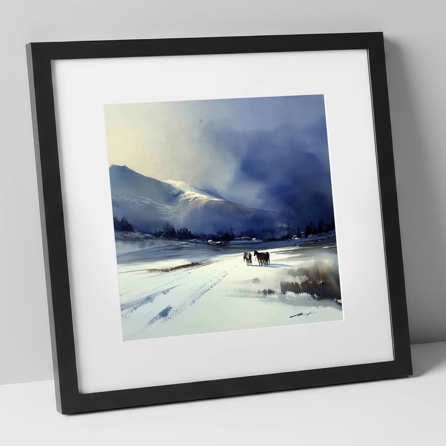 Indigo Winter Valley horse landscape art print in black frame