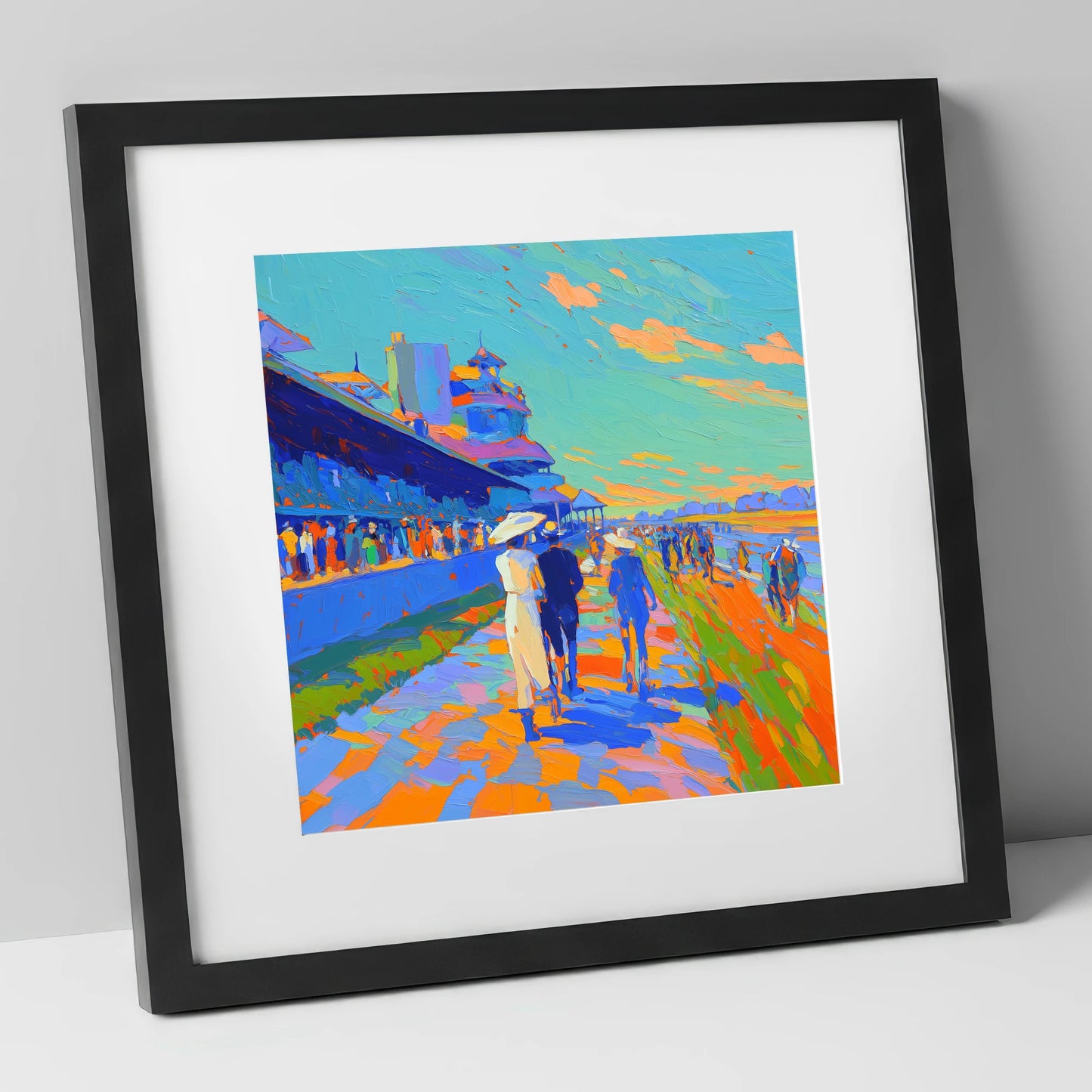 Vibrant Race Day Promenade racing horse art print in black frame