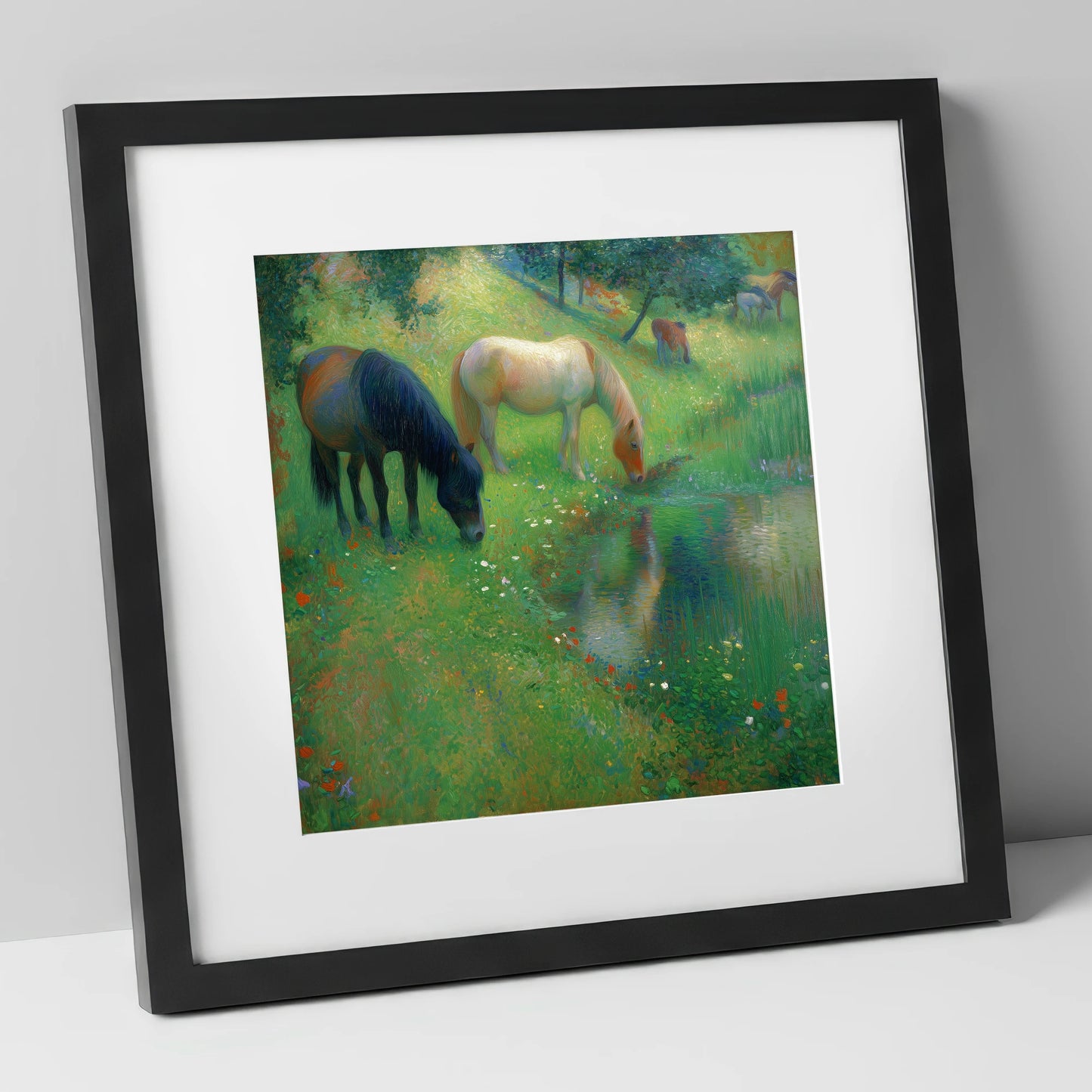 Tranquil Water Meadow horse landscape art print in black frame