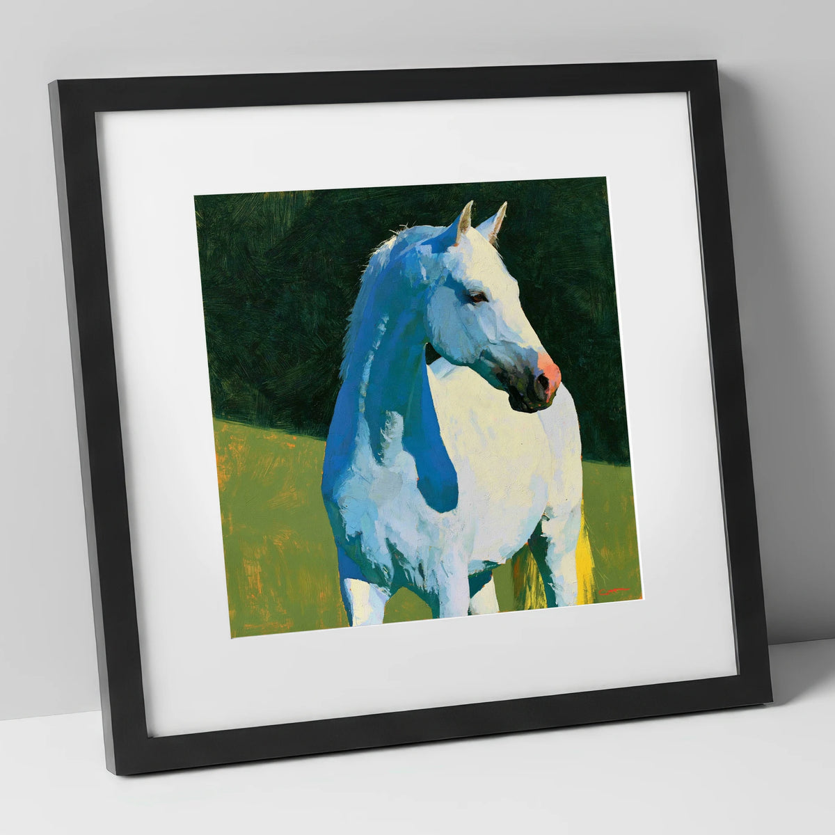 Grey Horse with Blue Shadows horse breed art print in black frame