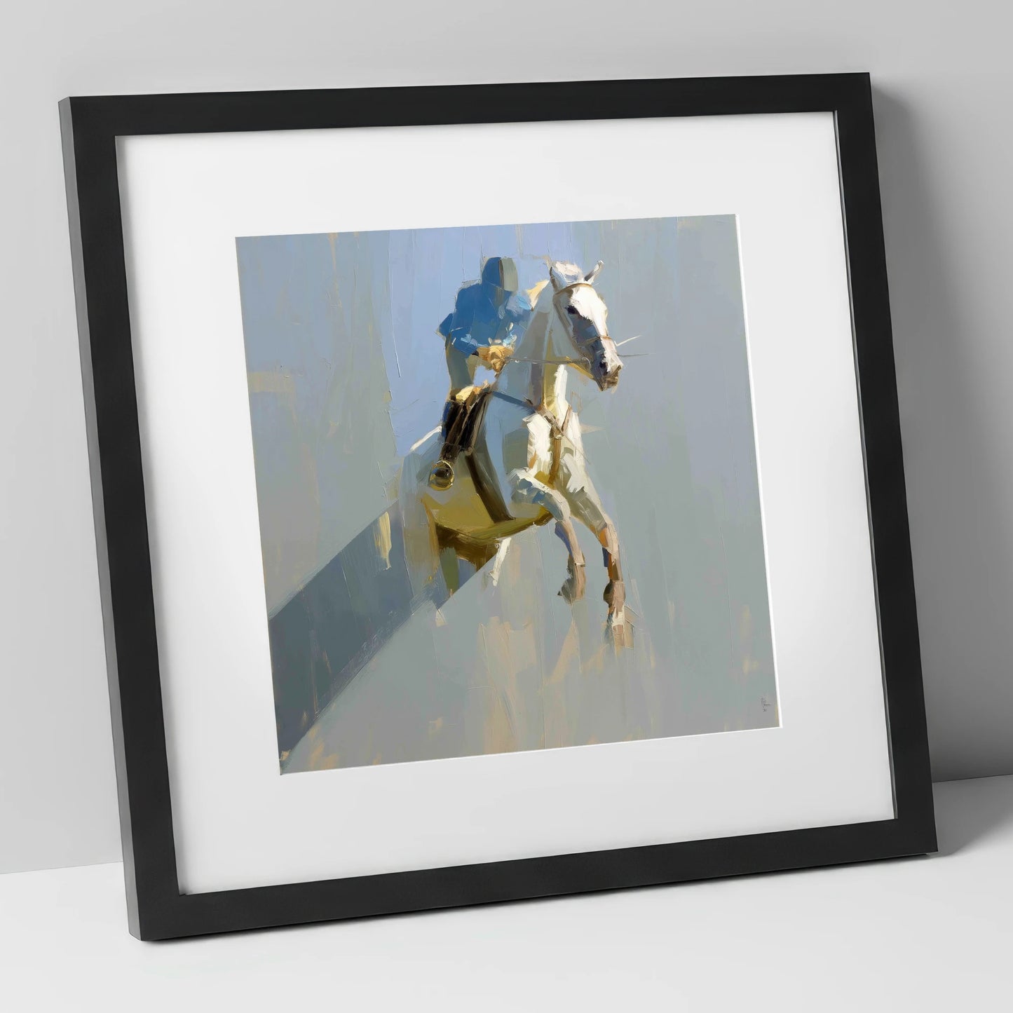 Suspended in Blue show jumping horse art print in black frame