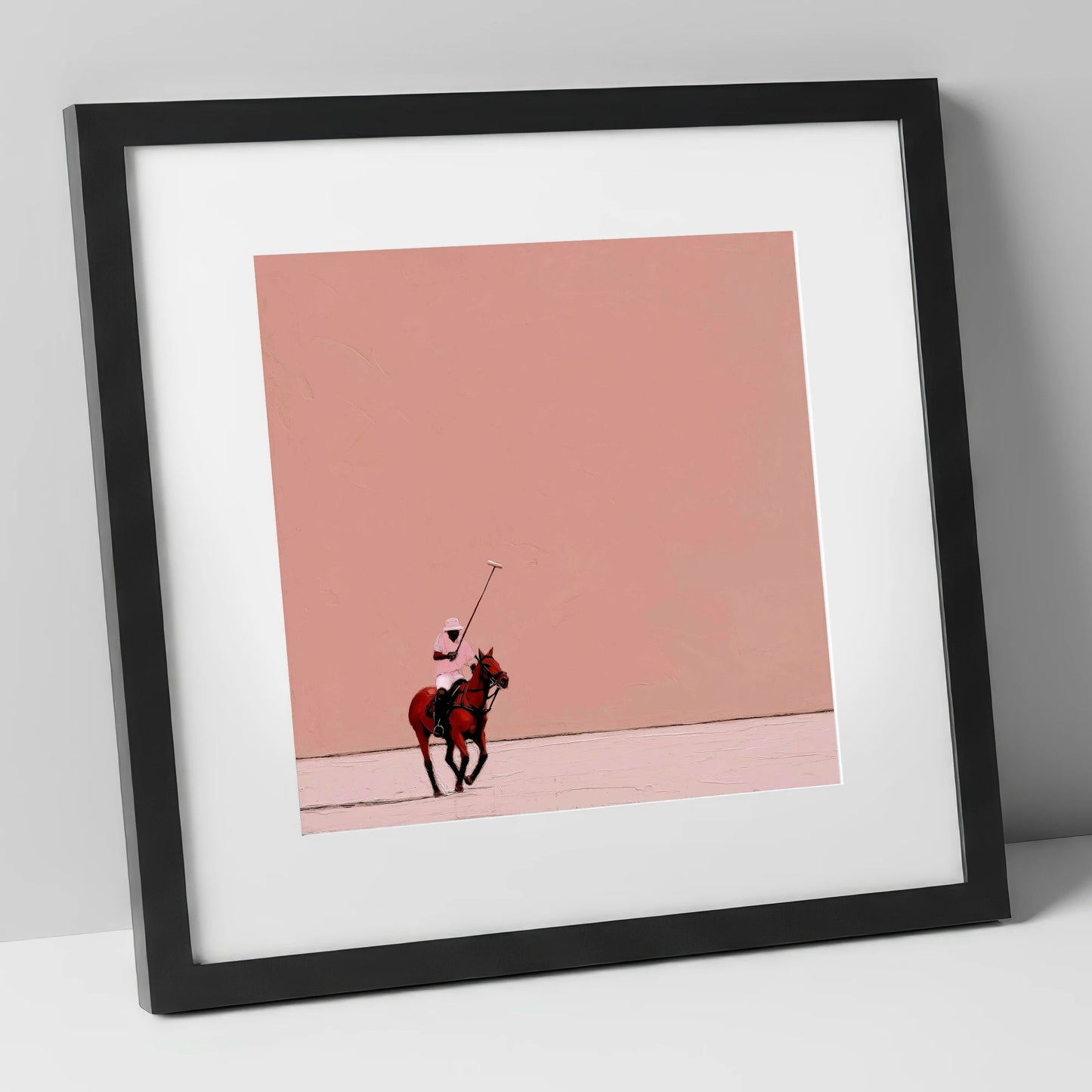 Dusty Rose Chukka polo horse art print in black frame