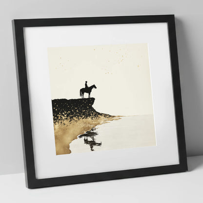 Golden Shores Silhouette beach horse art print in black frame