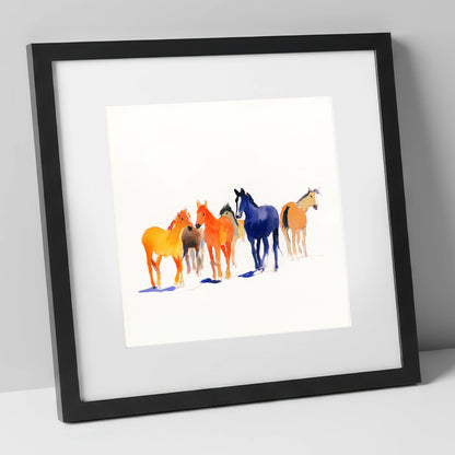 Vibrant Herd horse landscape art print in black frame