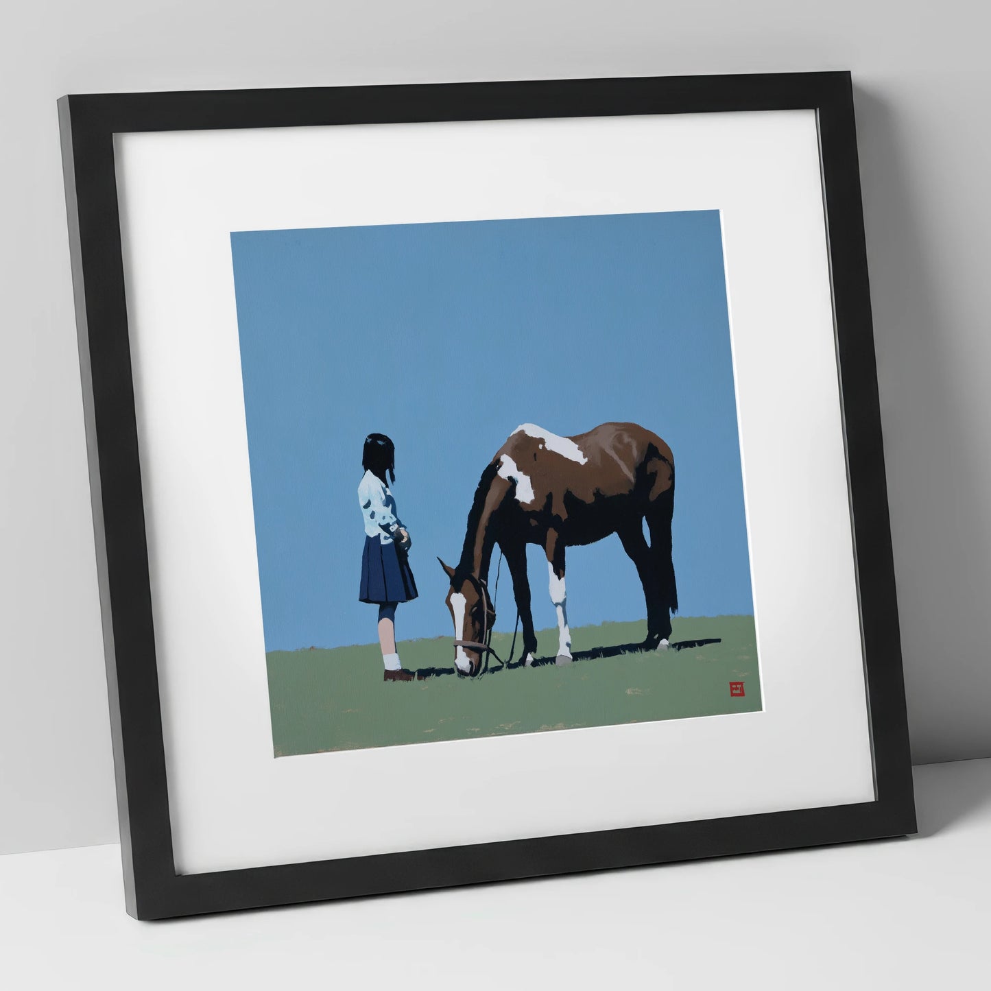 Silent Companionship horse & rider art print in black frame