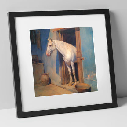 The Blue Stable Door horse stable art print in black frame