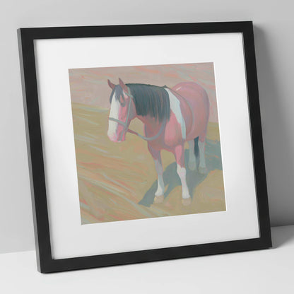 The Gentle Skewbald working horse art print in black frame