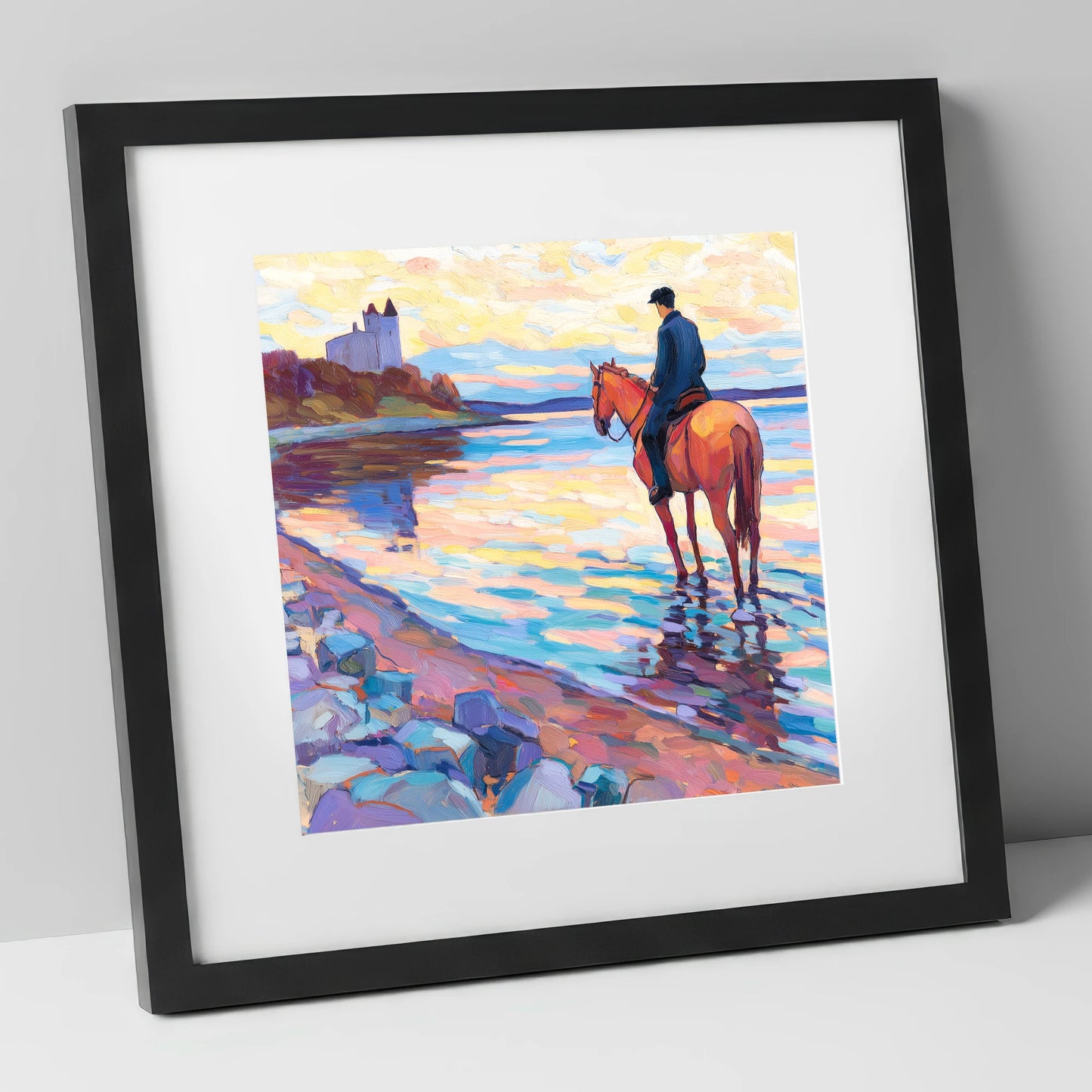 Rider at Castle Bay beach horse art print in black frame