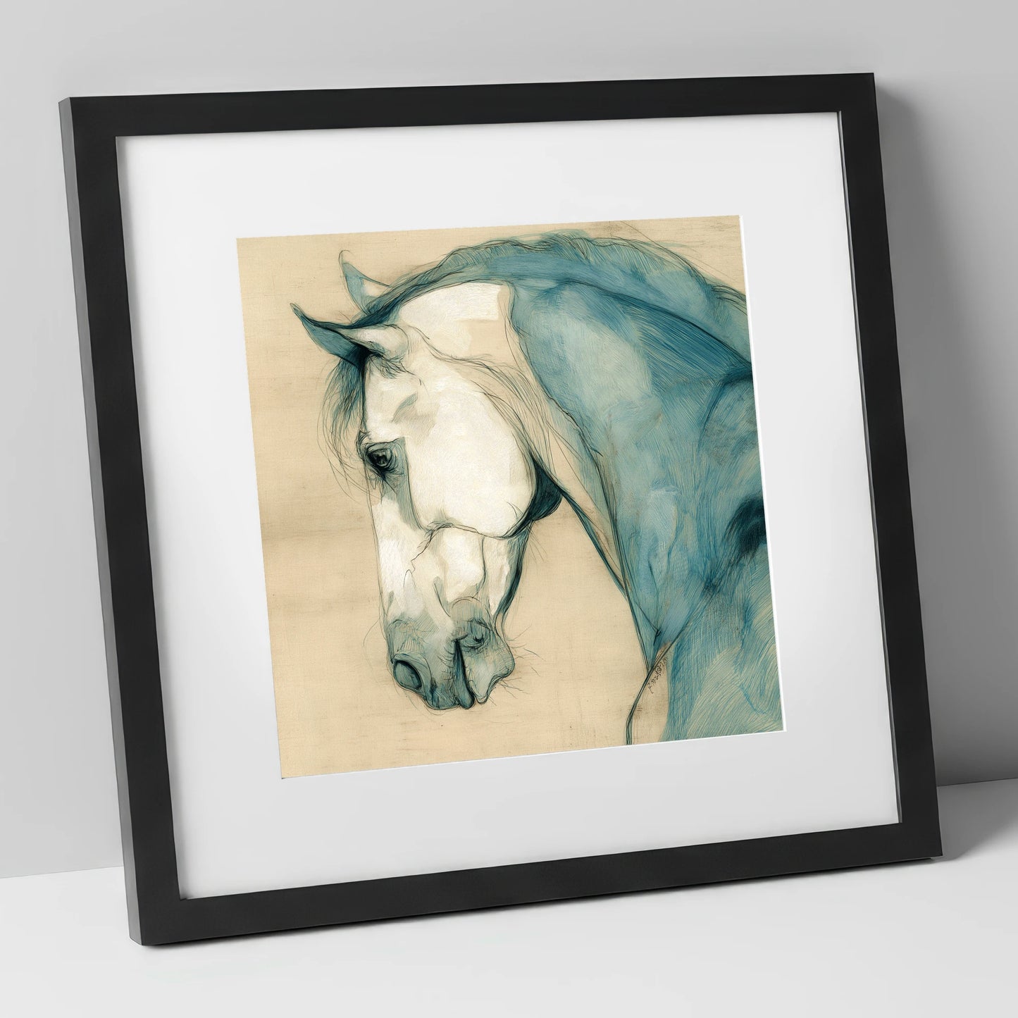 Teal Equine Study horse portrait art print in black frame