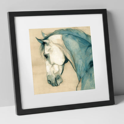 Teal Equine Study horse portrait art print in black frame