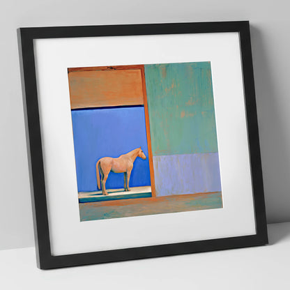 Cobalt Stable Light horse stable art print in black frame