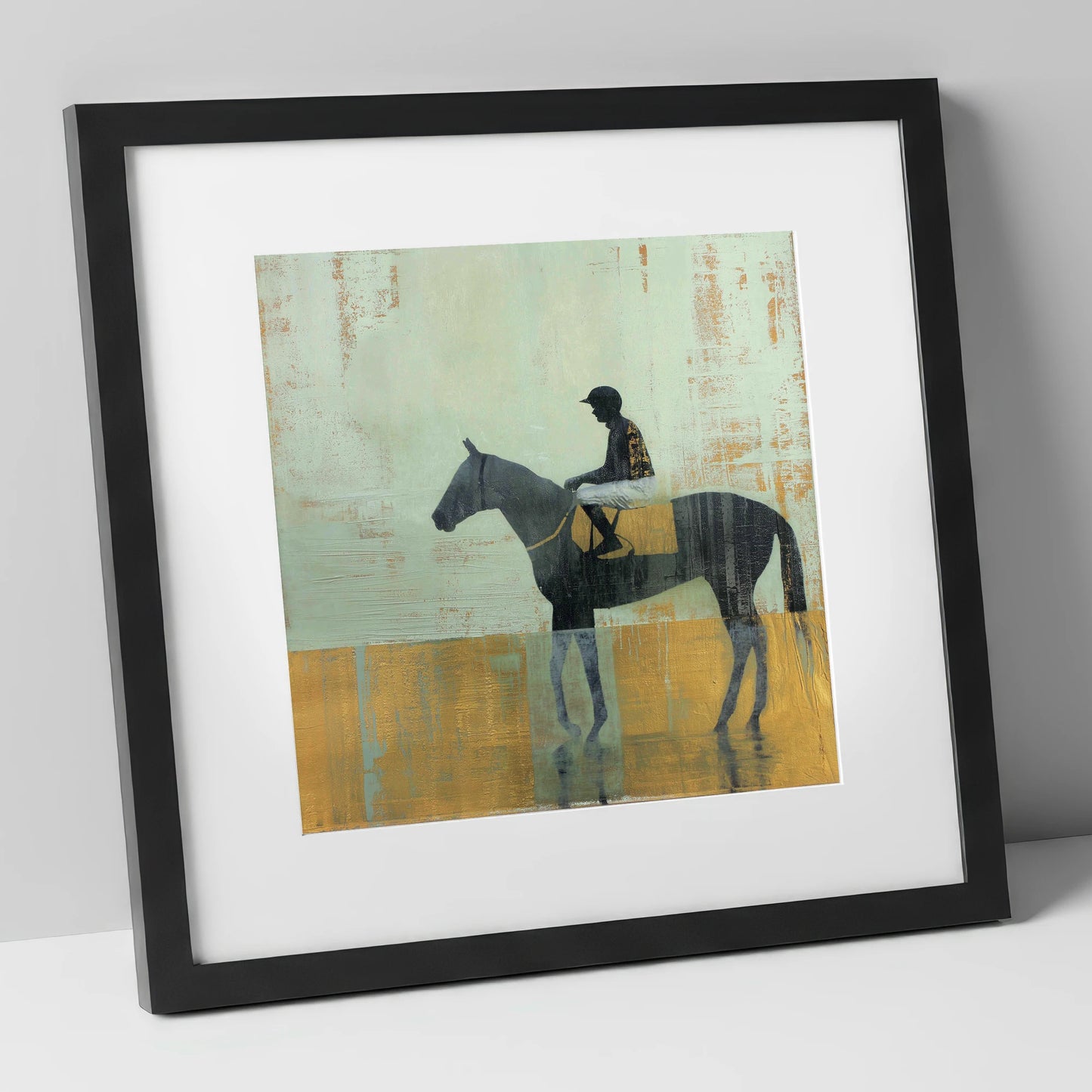 Golden Turf Reflections racing horse art print in black frame