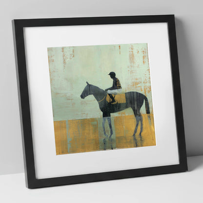 Golden Turf Reflections racing horse art print in black frame
