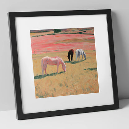 Dusky Meadow Grazing horse landscape art print in black frame