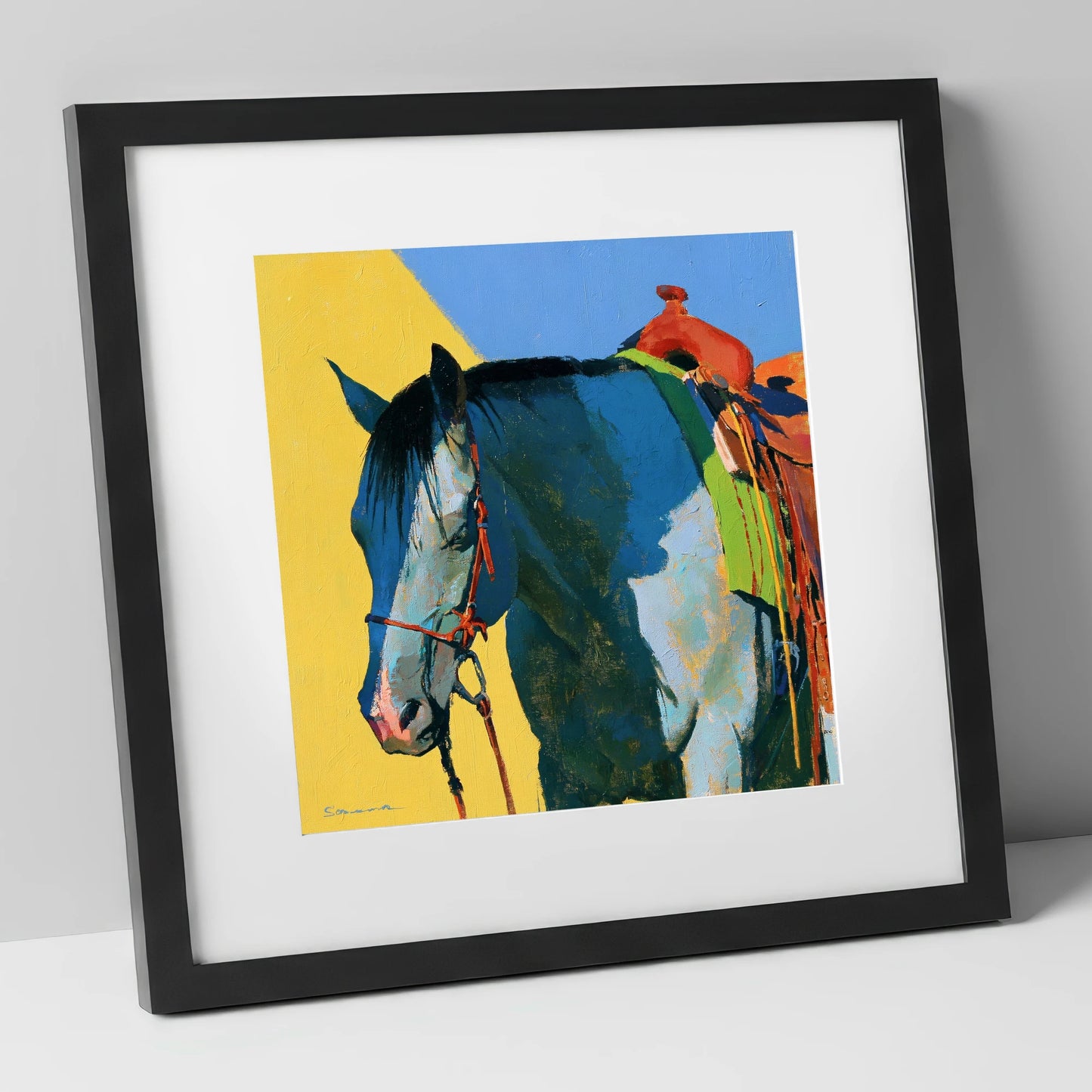 Western Horse in Blue and Yellow horse breed art print in black frame