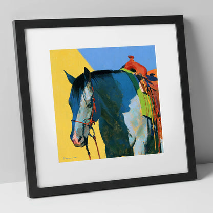 Western Horse in Blue and Yellow horse breed art print in black frame