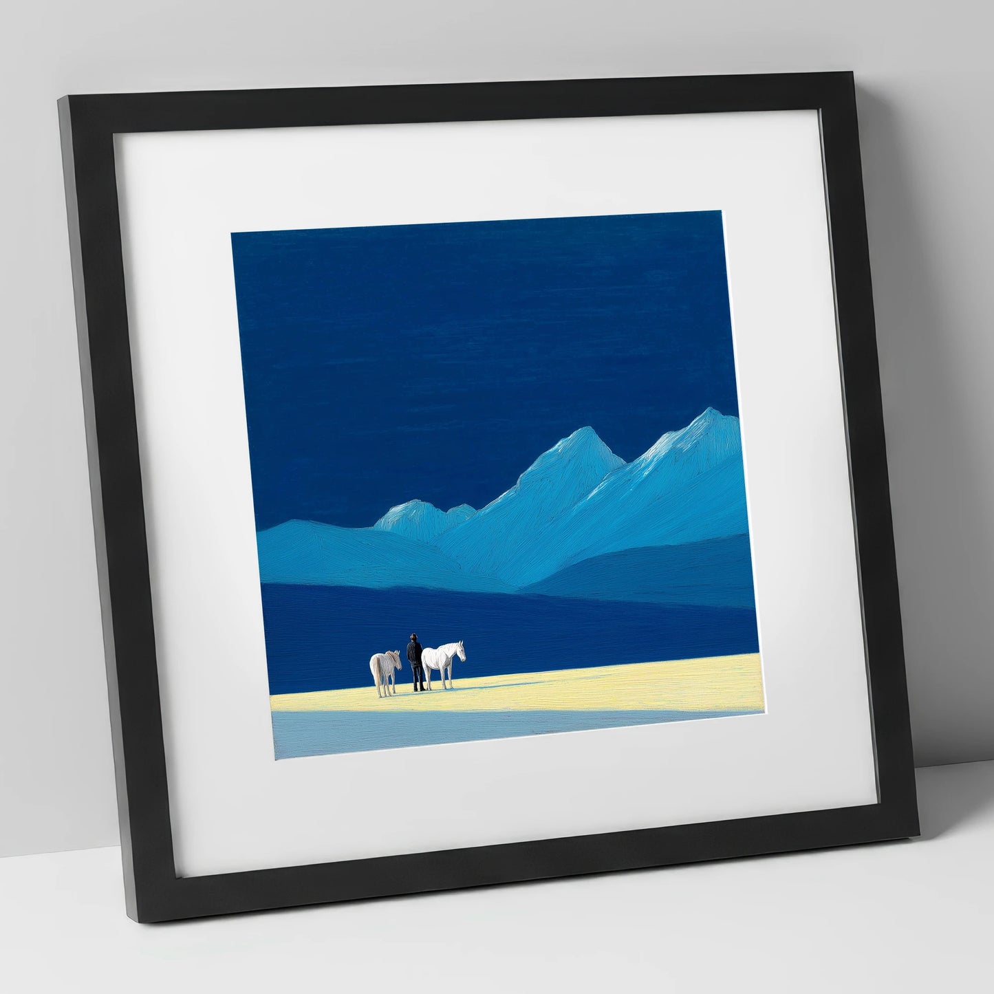 Azure Mountain Solitude horse landscape art print in black frame