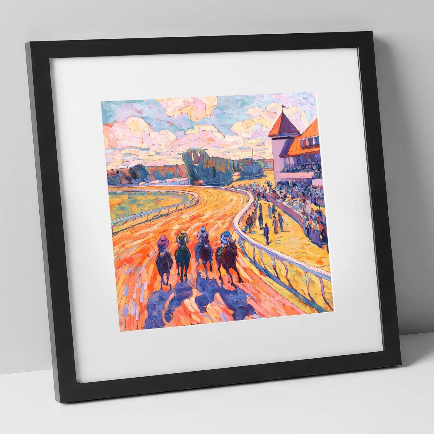 Colours of the Home Straight racing horse art print in black frame