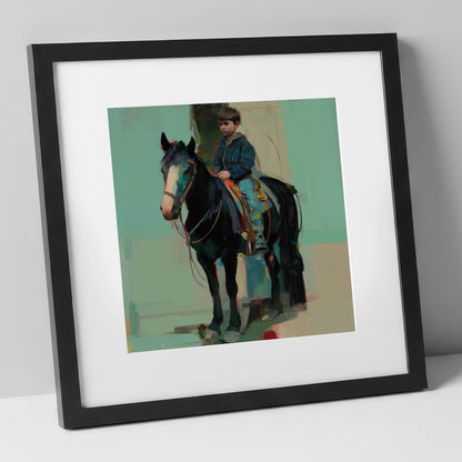 The Quiet Partnership horse & rider art print in black frame