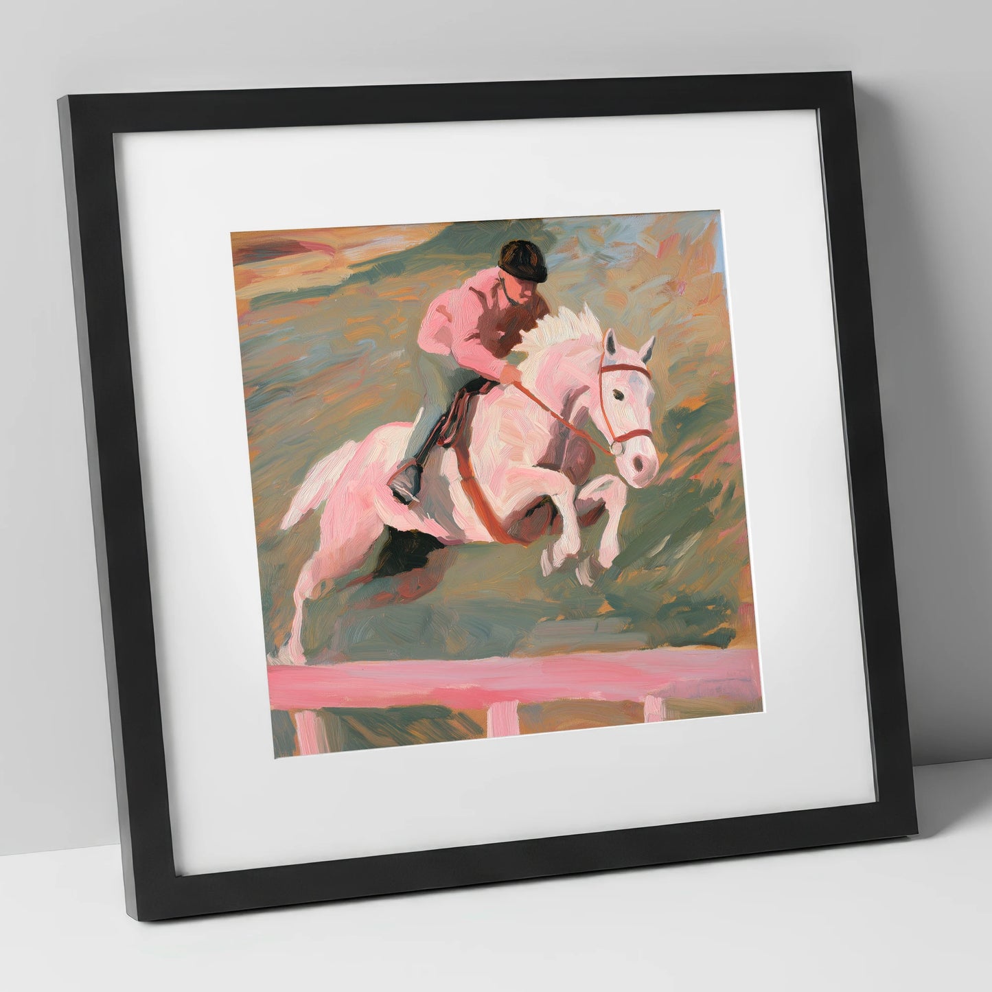 Airborne in Pastel show jumping horse art print in black frame