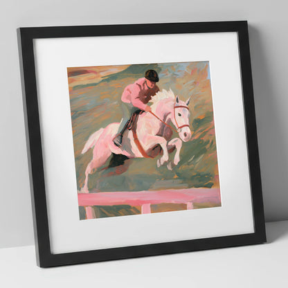 Airborne in Pastel show jumping horse art print in black frame