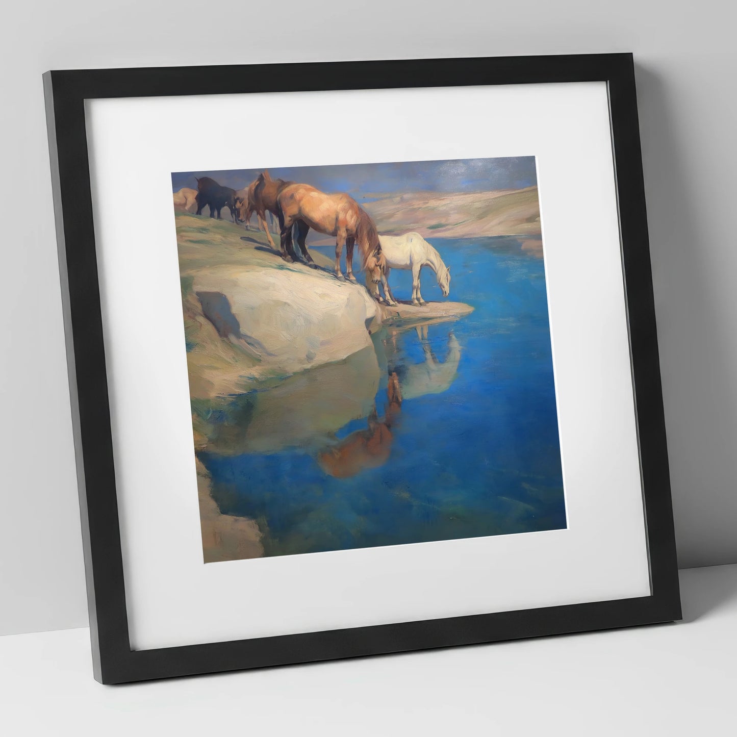 The Azure Watering Hole wild horses art print in black frame