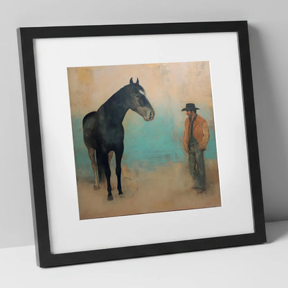 The Quiet Accord western horse art print in black frame