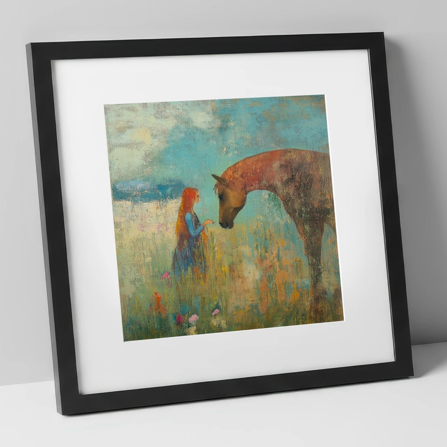 A Quiet Connection horse & rider art print in black frame