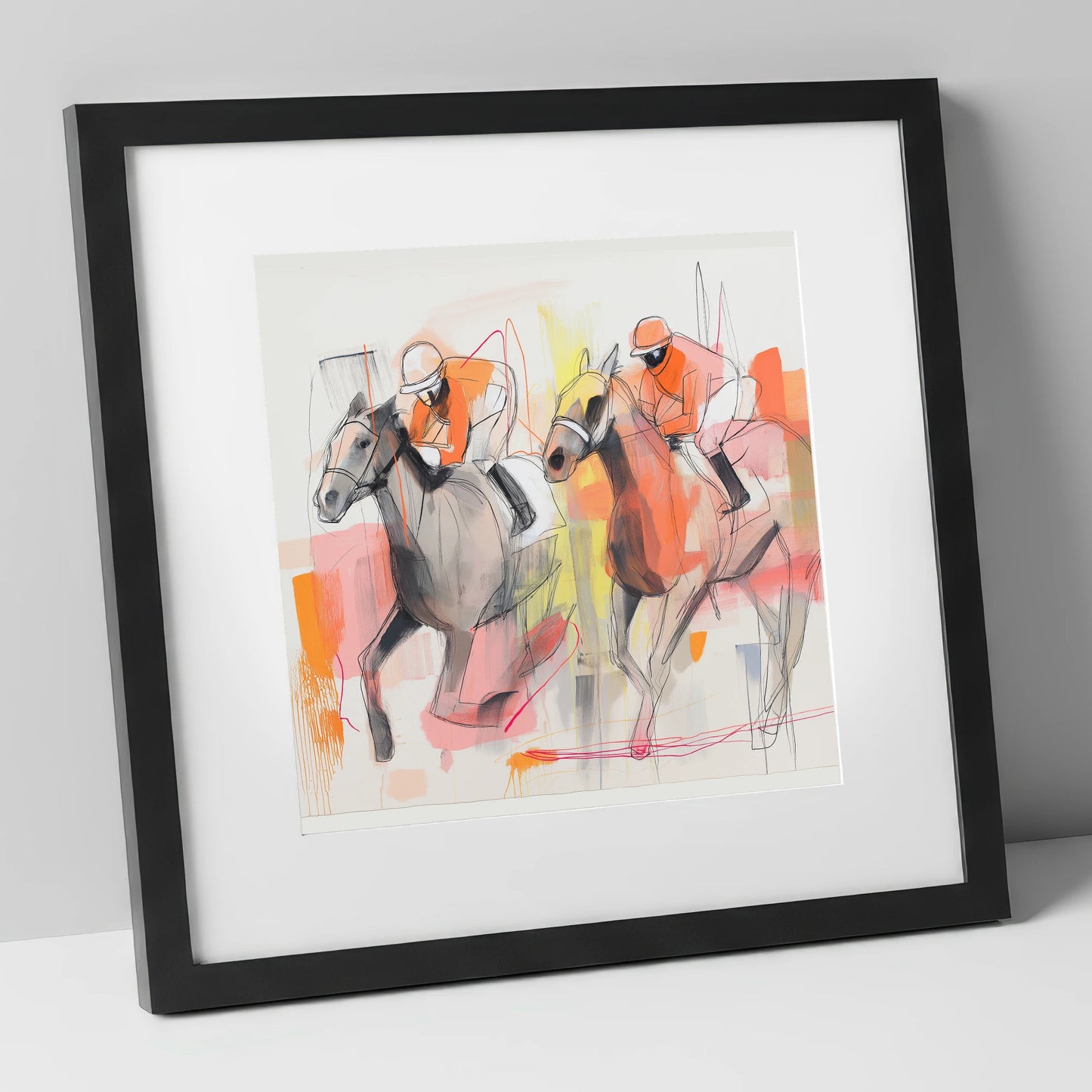 Vibrant Pursuit racing horse art print in black frame
