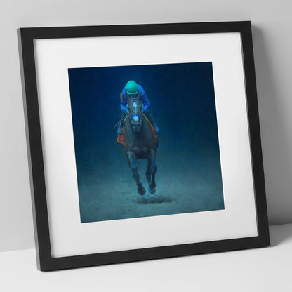 The Indigo Gallop racing horse art print in black frame