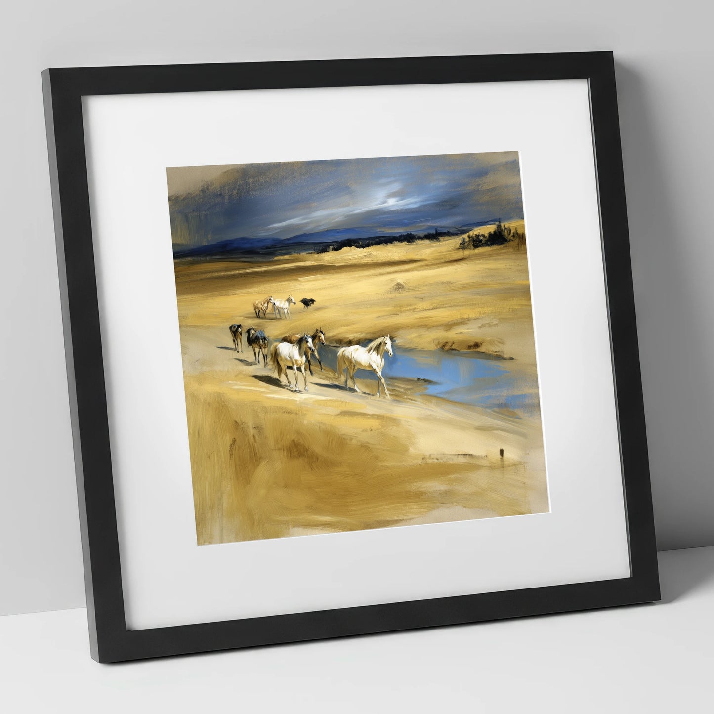 Golden Veldt Crossing horse landscape art print in black frame