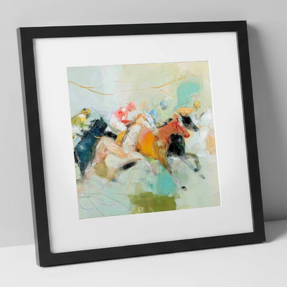 Rush to the Line racing horse art print in black frame