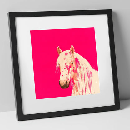 Modern Magenta Equine horse portrait art print in black frame