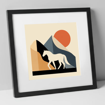 Abstract Equine Sunrise horse landscape art print in black frame