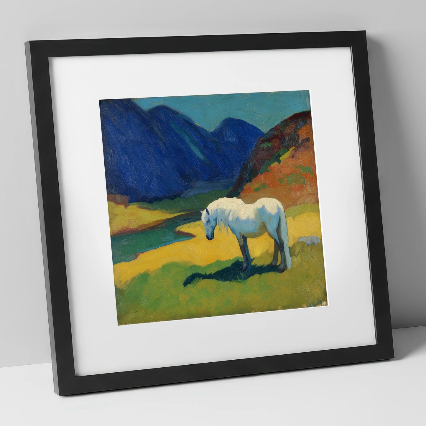 Vibrant Valley Grey horse landscape art print in black frame