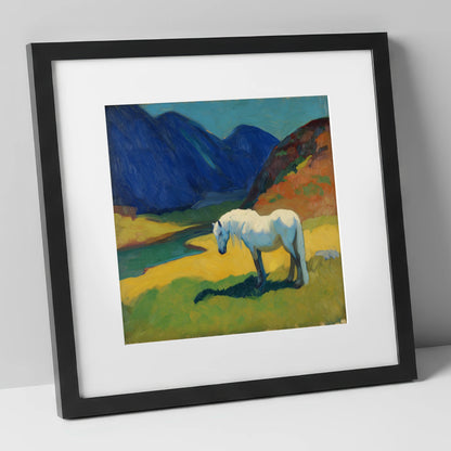 Vibrant Valley Grey horse landscape art print in black frame