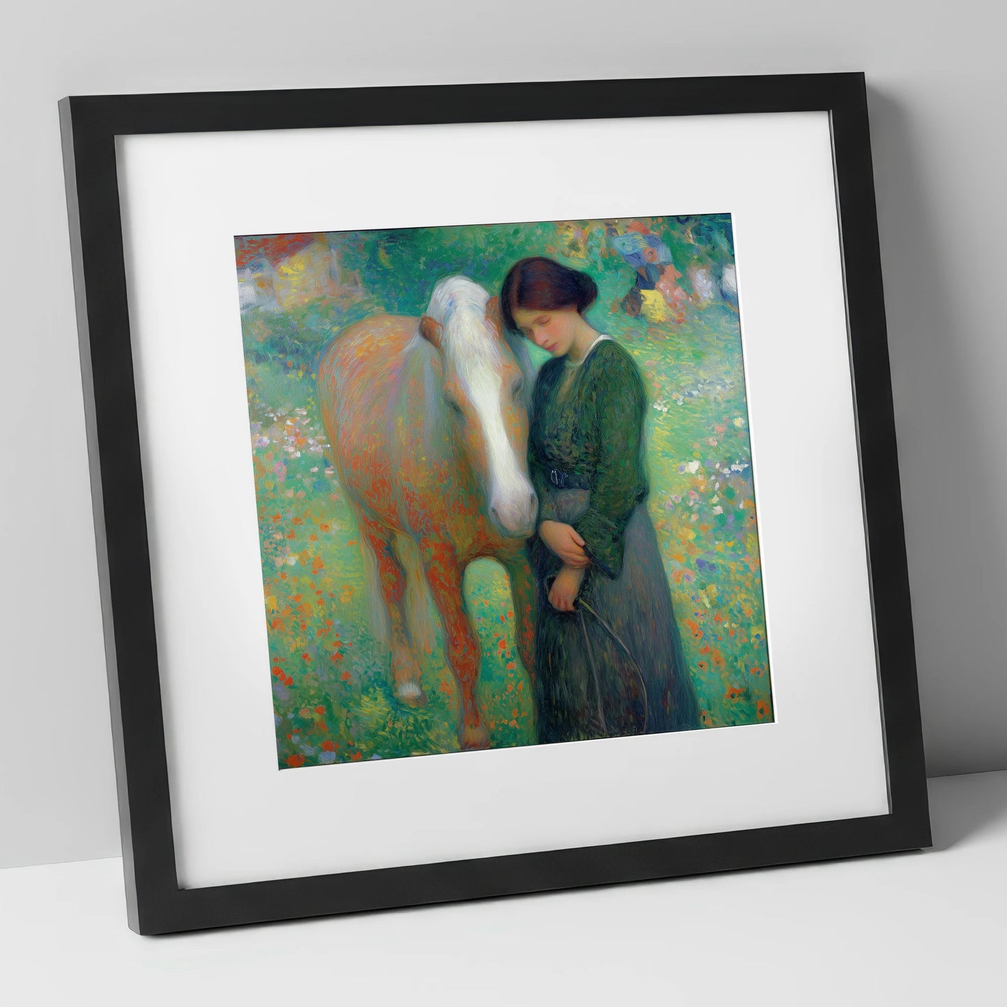 Meadow's Embrace horse & rider art print in black frame