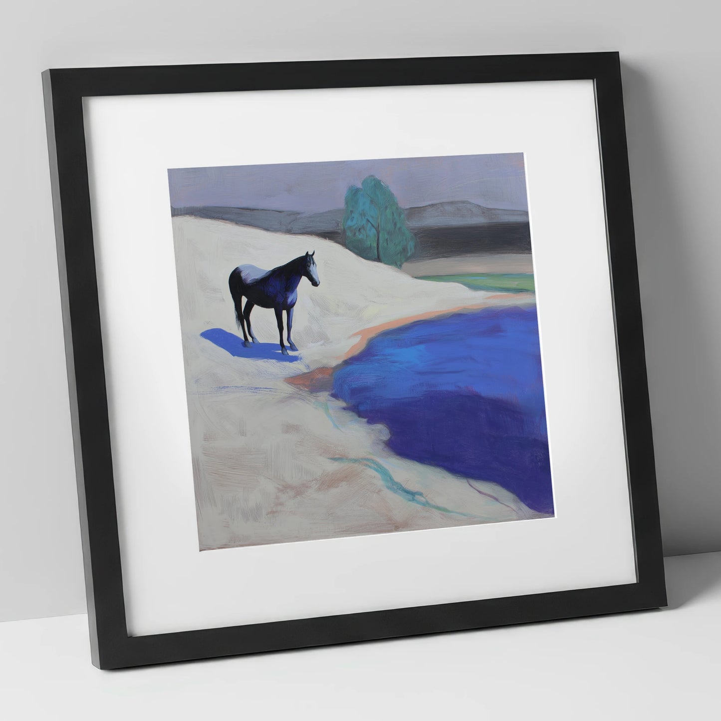 Blue Shore Solitude horse landscape art print in black frame