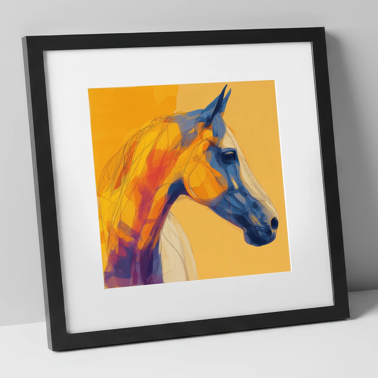 Cobalt and Amber Profile horse portrait art print in black frame