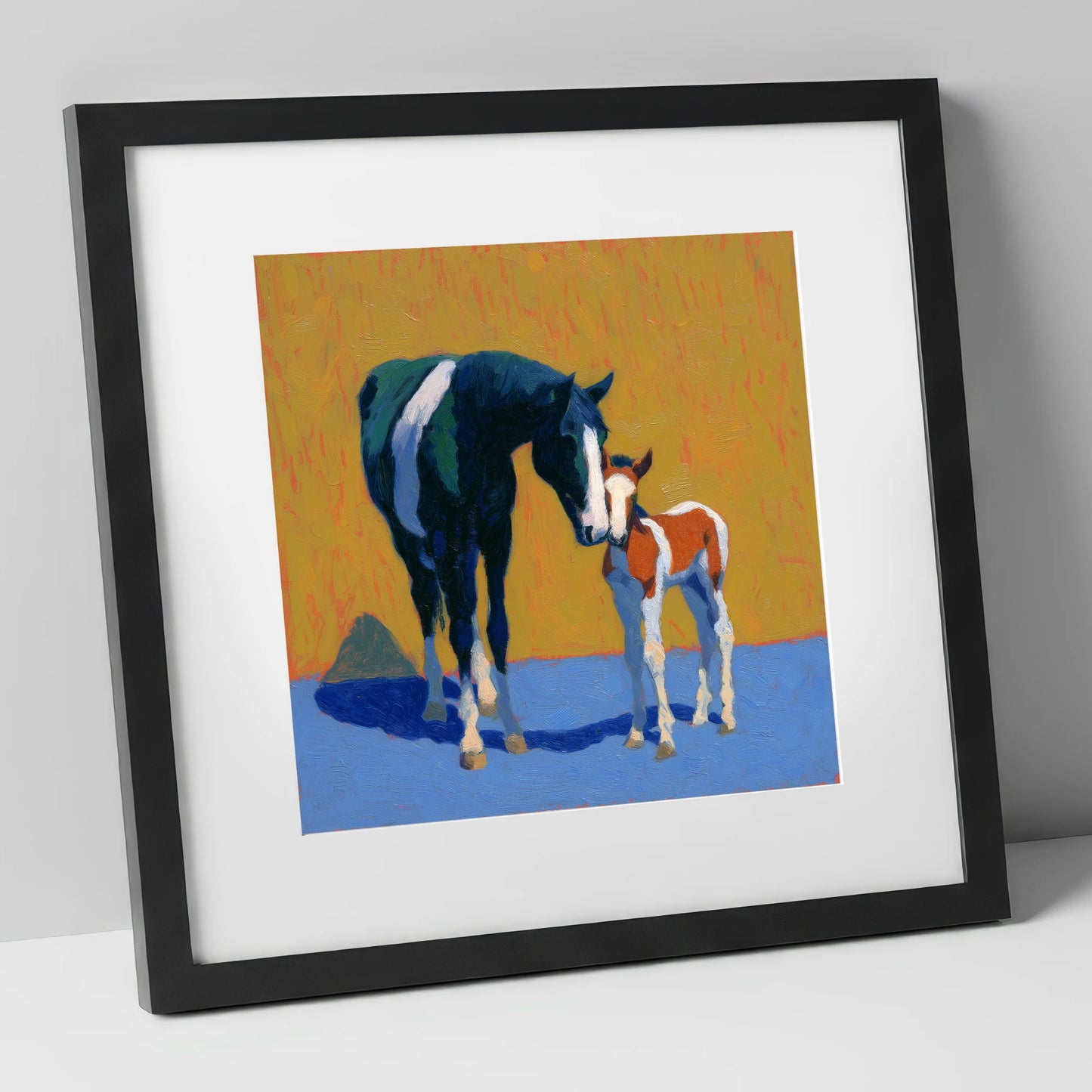 Sun-Drenched Devotion mare & foal art print in black frame