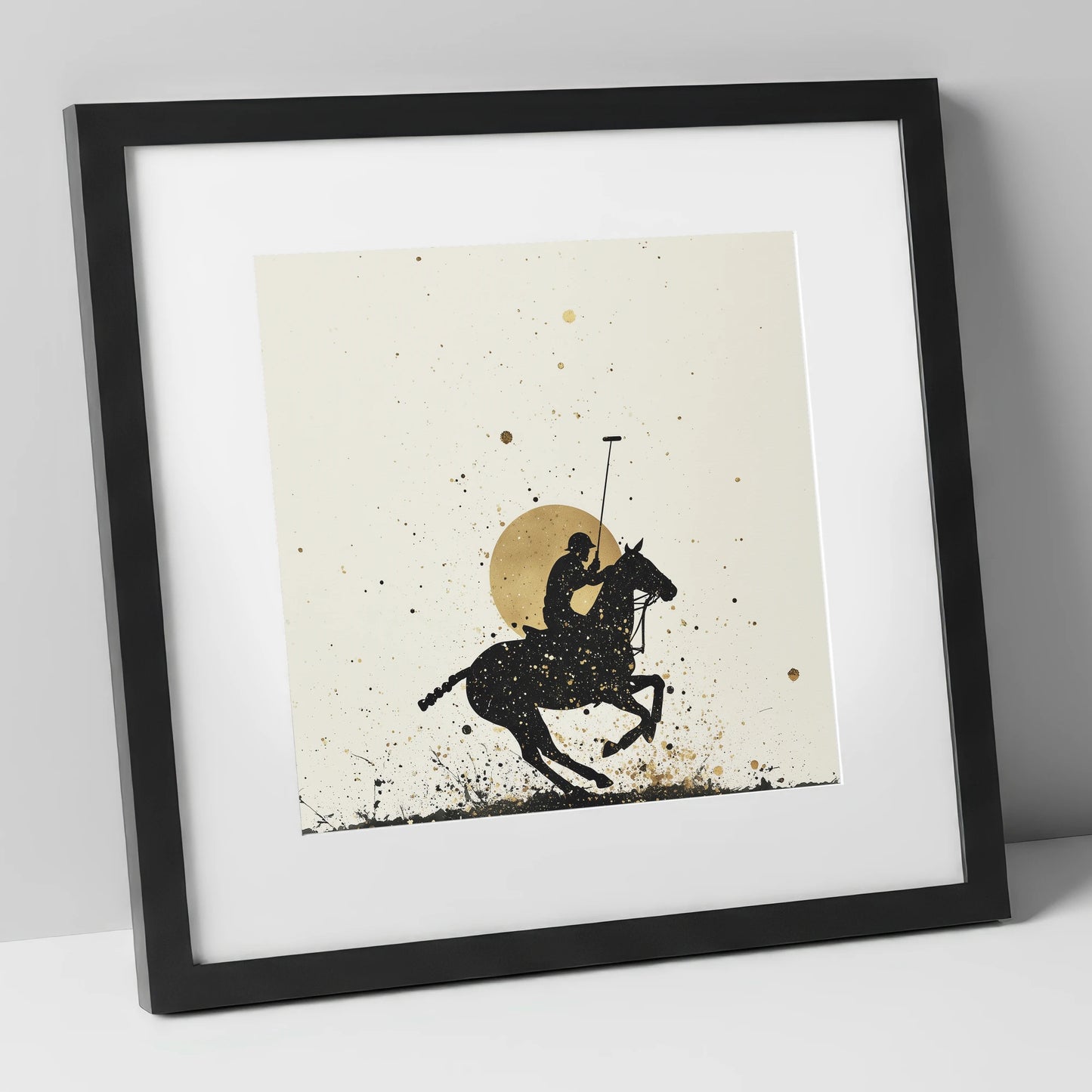 Golden Chukka Eclipse polo horse art print in black frame