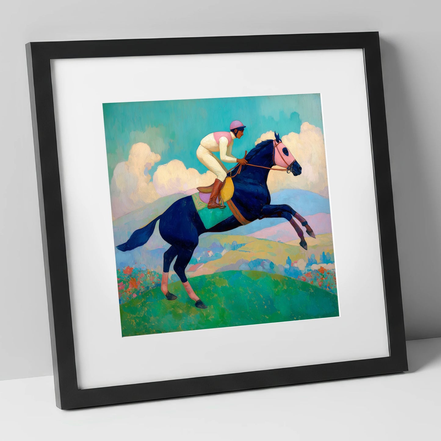 Vivid Racing Bound racing horse art print in black frame