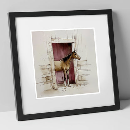 The Plum Doorway horse stable art print in black frame